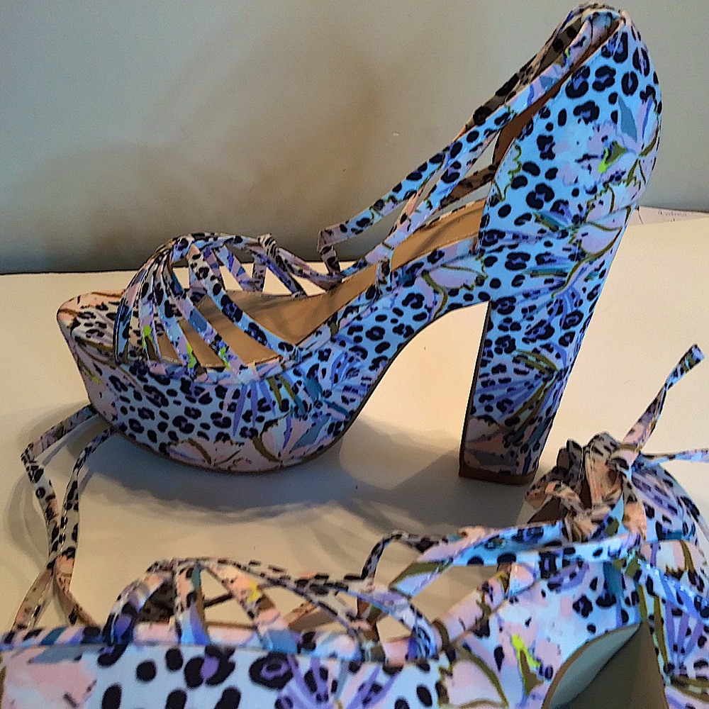 Platinum sandals, brand new, never worn.5 inch heel, leopard & pink print tie up